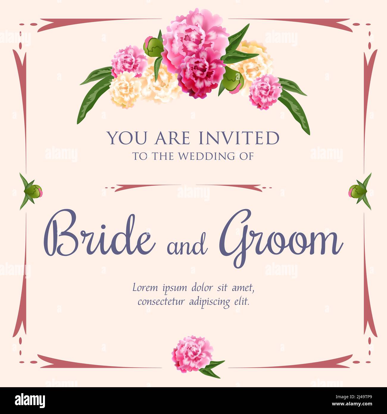 Diseño de invitación de boda con peonías y marco sobre fondo rosa. El texto se puede utilizar para tarjetas de invitación, postales y plantillas de fecha Ilustración del Vector
