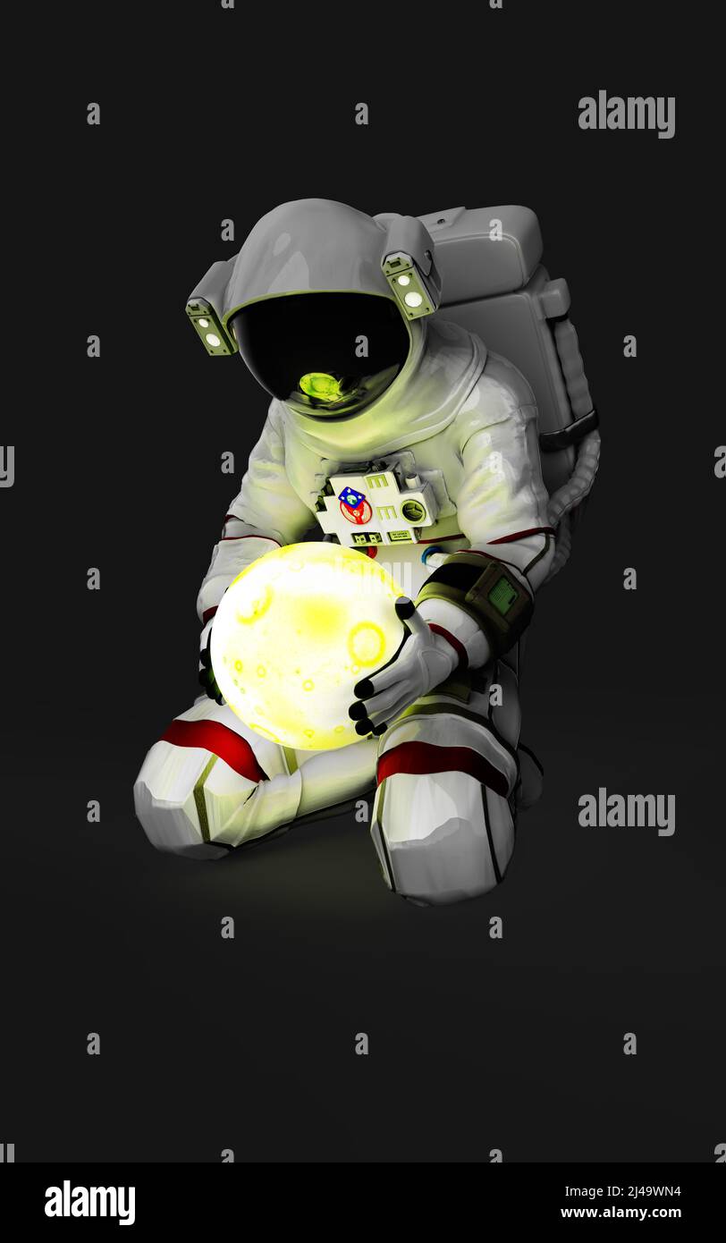 3D Ilustración astronauta blanco sentado y sosteniendo el planeta luna, con un aspecto molesto o triste, sobre un fondo negro oscuro Foto de stock
