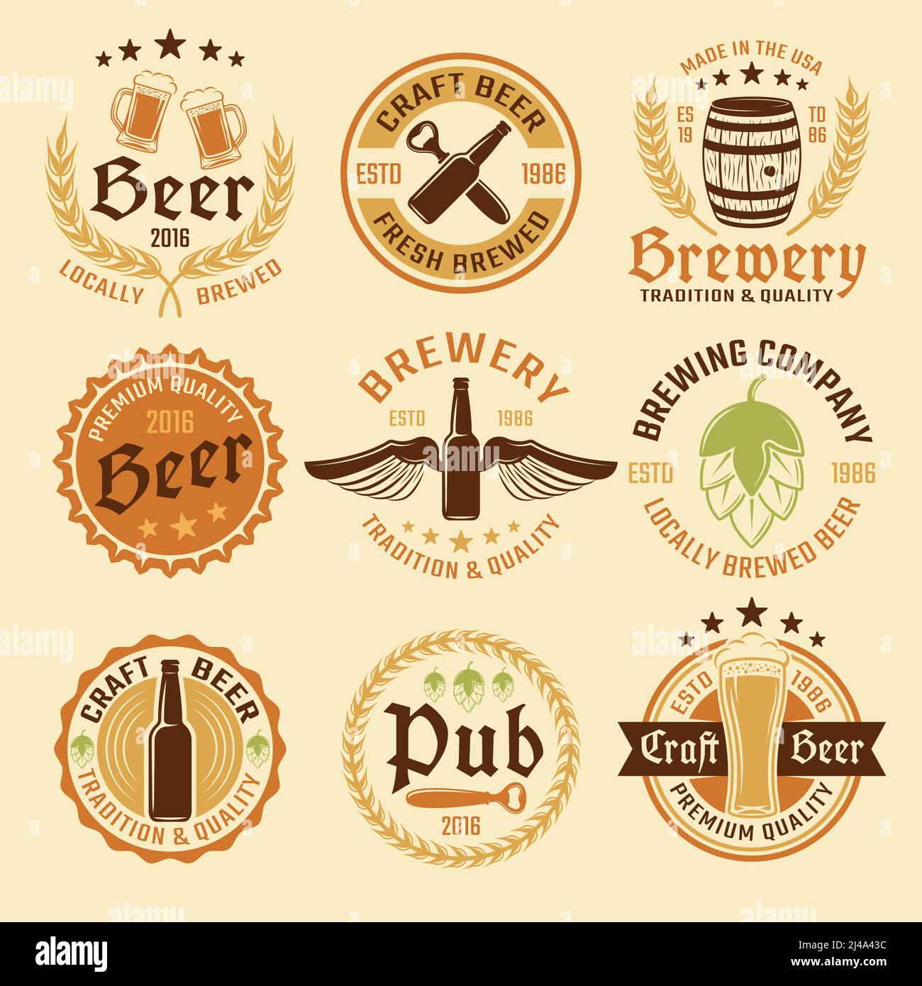 Conjunto de emblema de cerveza de color con tipos de cerveza y producción con ilustración vectorial de calidad superior Ilustración del Vector