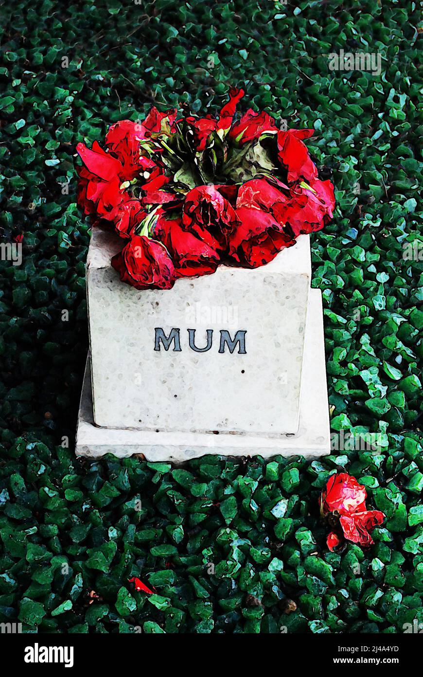 Arte digital de la tumba con las palabras Mamá y corona de flores moribundas, ilustrando la pérdida, el dolor, la muerte, Covid-19, perder a la familia, hacer frente a la pérdida y morir. Foto de stock