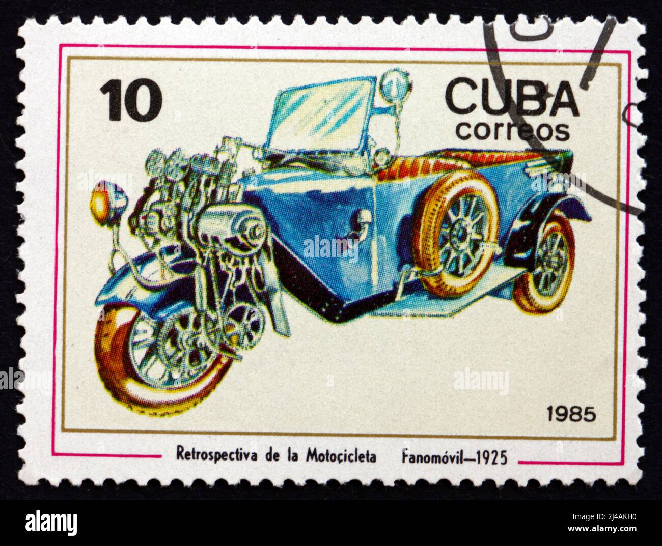 CUBA - CIRCA 1985: Un sello impreso en Cuba muestra Fanomobile, 1925, Vehículos Motorizados de Tres Ruedas, Centenario de la Motocicleta, CIRCA 1985 Foto de stock
