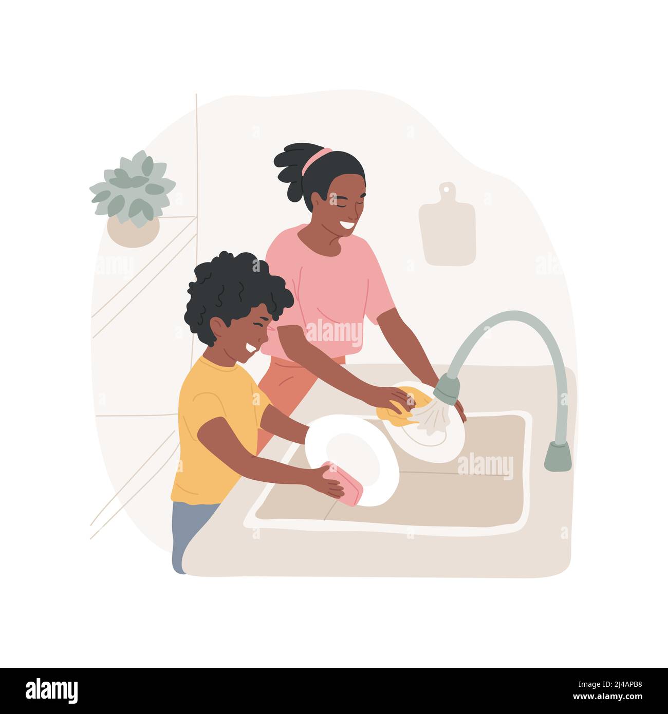 Ilustración de vectores de dibujos animados aislados para lavar platos.  Niño y mamá lavando platos juntos, niño ayuda en la cocina, estilo de vida,  familia haciendo las tareas domésticas juntos, rutina diaria