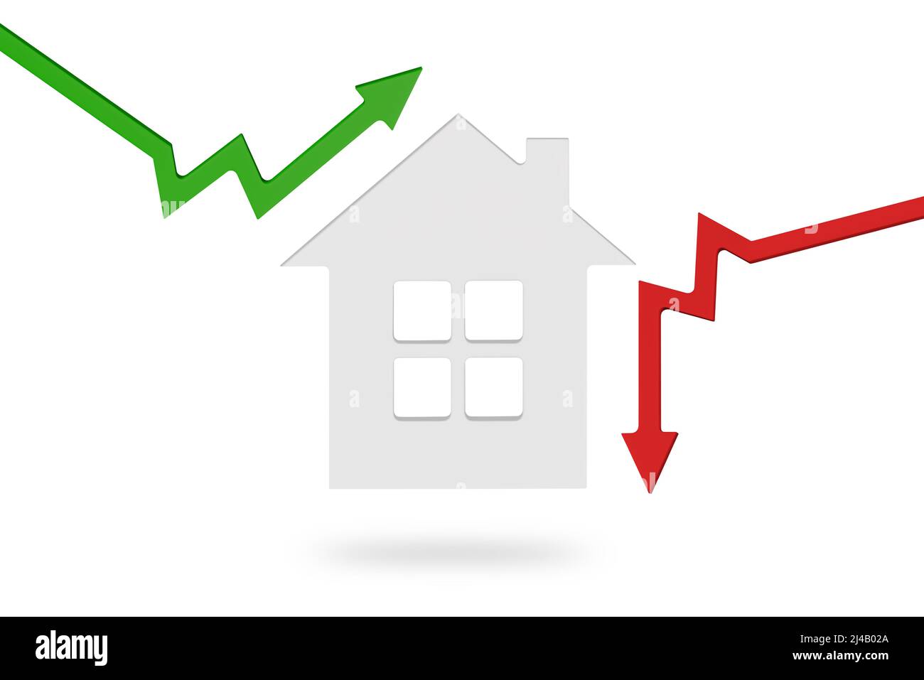 Mercado inmobiliario, gráfico, flecha arriba. Modelo de casa y una pila de monedas. El concepto de inflación, crecimiento económico, precio de los servicios de seguros Foto de stock