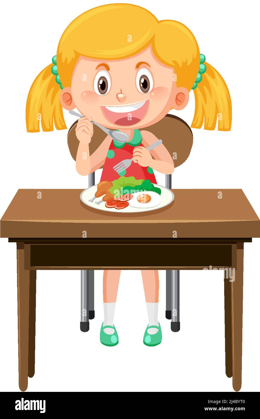 Lindo personaje de dibujos animados niña comiendo ilustración de desayuno Imagen Vector de stock - Alamy Lindo personaje de dibujos animados niña comiendo ilustración de desayuno Imagen Vector de stock - Alamy