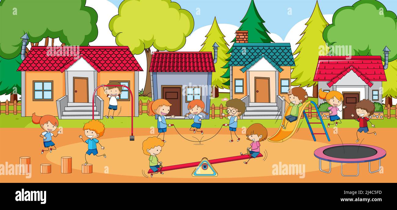 Escena con muchos niños jugando en la ilustración del patio de recreo