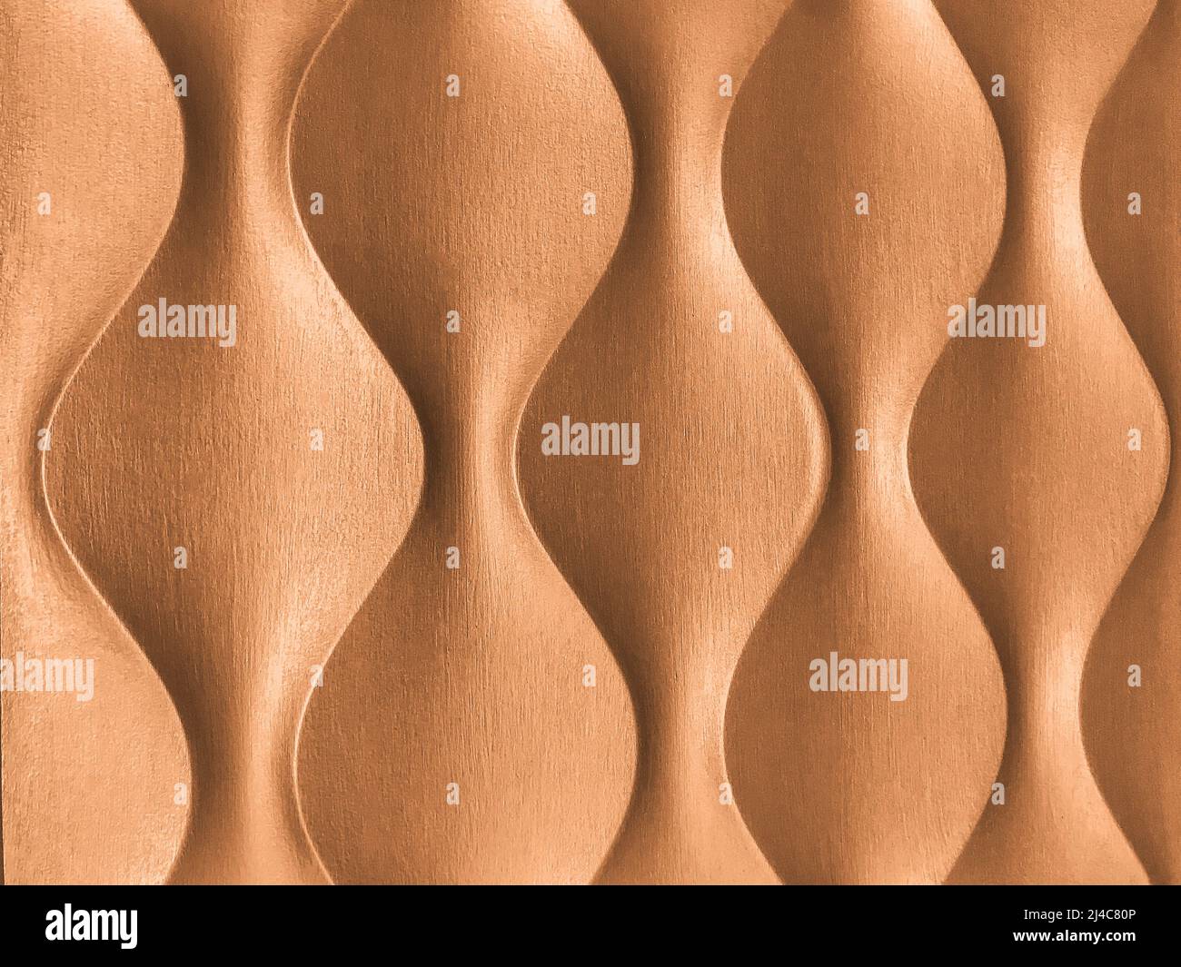 Panel de pared decorativo interior marrón claro 3D con forma geométrica ondulada inusual. Fondo beige de madera con patrón de ondas. Textura abstracta ornamentada. Foto de stock