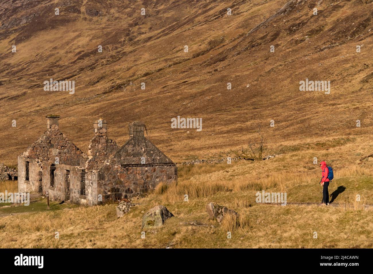 Un caminante que se acerca a un edificio abandonado en las Tierras Altas Escocesas a lo largo de la ruta West Highland Way Foto de stock
