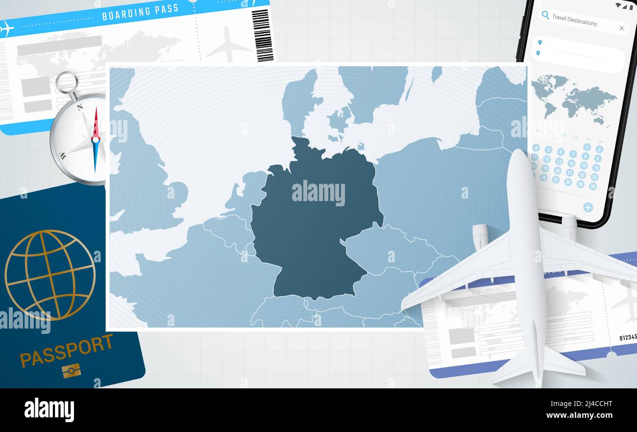 Ver a través de Consumir En detalle Viaje a Alemania, ilustración con un mapa de Alemania. Antecedentes con  avión, teléfono celular, pasaporte, brújula y boletos. Maqueta vectorial  Imagen Vector de stock - Alamy