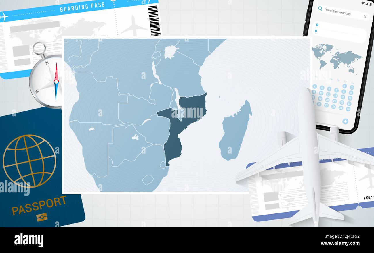 Viaje a Mozambique, ilustración con un mapa de Mozambique. Antecedentes con avión, teléfono celular, pasaporte, brújula y boletos. Maqueta vectorial. Ilustración del Vector