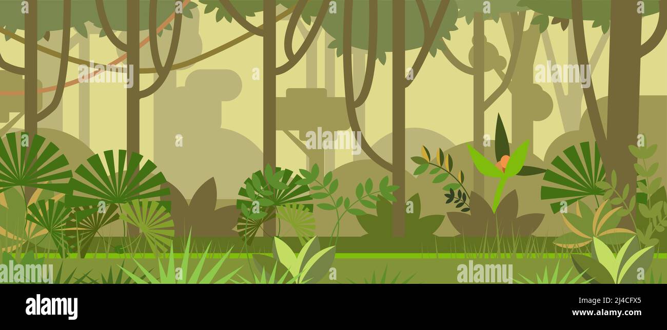 Paisaje selvático con árboles y plantas de ilustración vectorial. Bosque  tropical de fondo. Concepto de selva y naturaleza. Para sitios web, fondos  de pantalla, carteles o Imagen Vector de stock - Alamy
