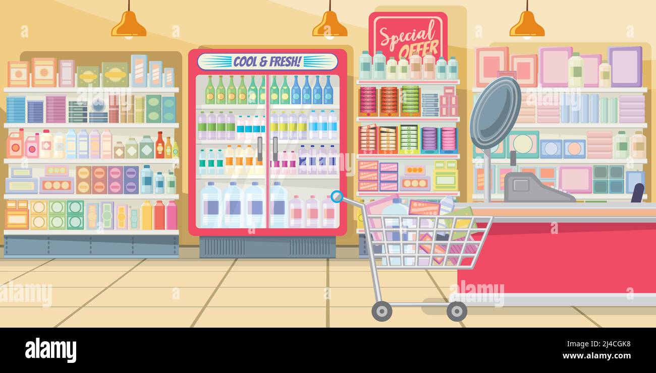 Supermercado con estanterías de alimentos ilustración vectorial. Tienda moderna de color rosa con carrito de compras completo en el cajero. Ilustración interior Ilustración del Vector