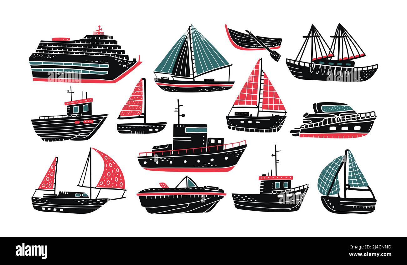 Un conjunto de ilustraciones vectoriales de barcos de vela y barcos con motores. Ilustración del Vector