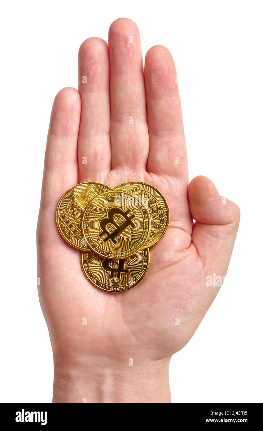Mano que sostiene pila de bitcoins de oro, aislados sobre fondo blanco Foto de stock