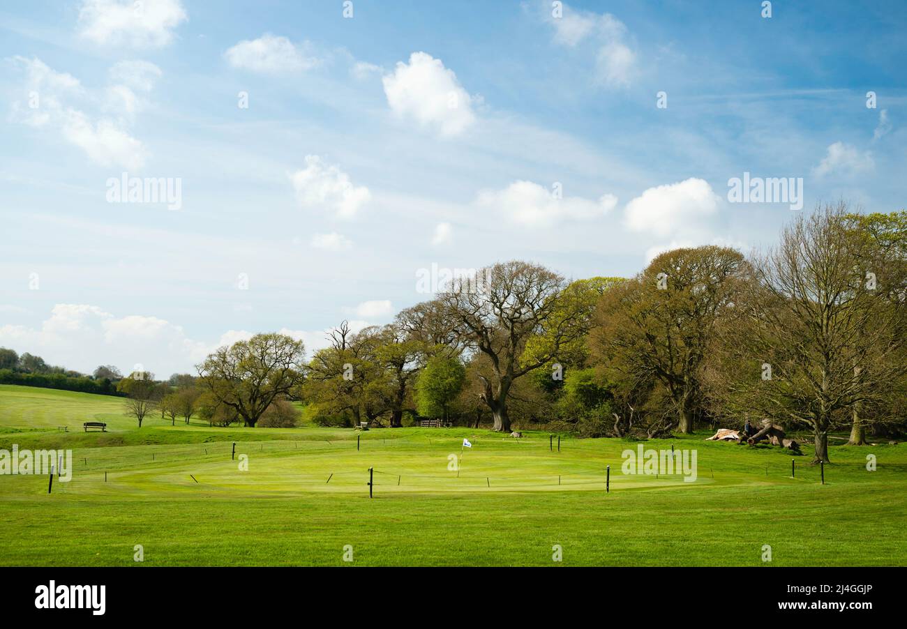 Parque público Westwood y campos de golf flanqueados por árboles forestales en Westwood en la mañana de primavera en Beverley, Yorkshire, Reino Unido. Foto de stock