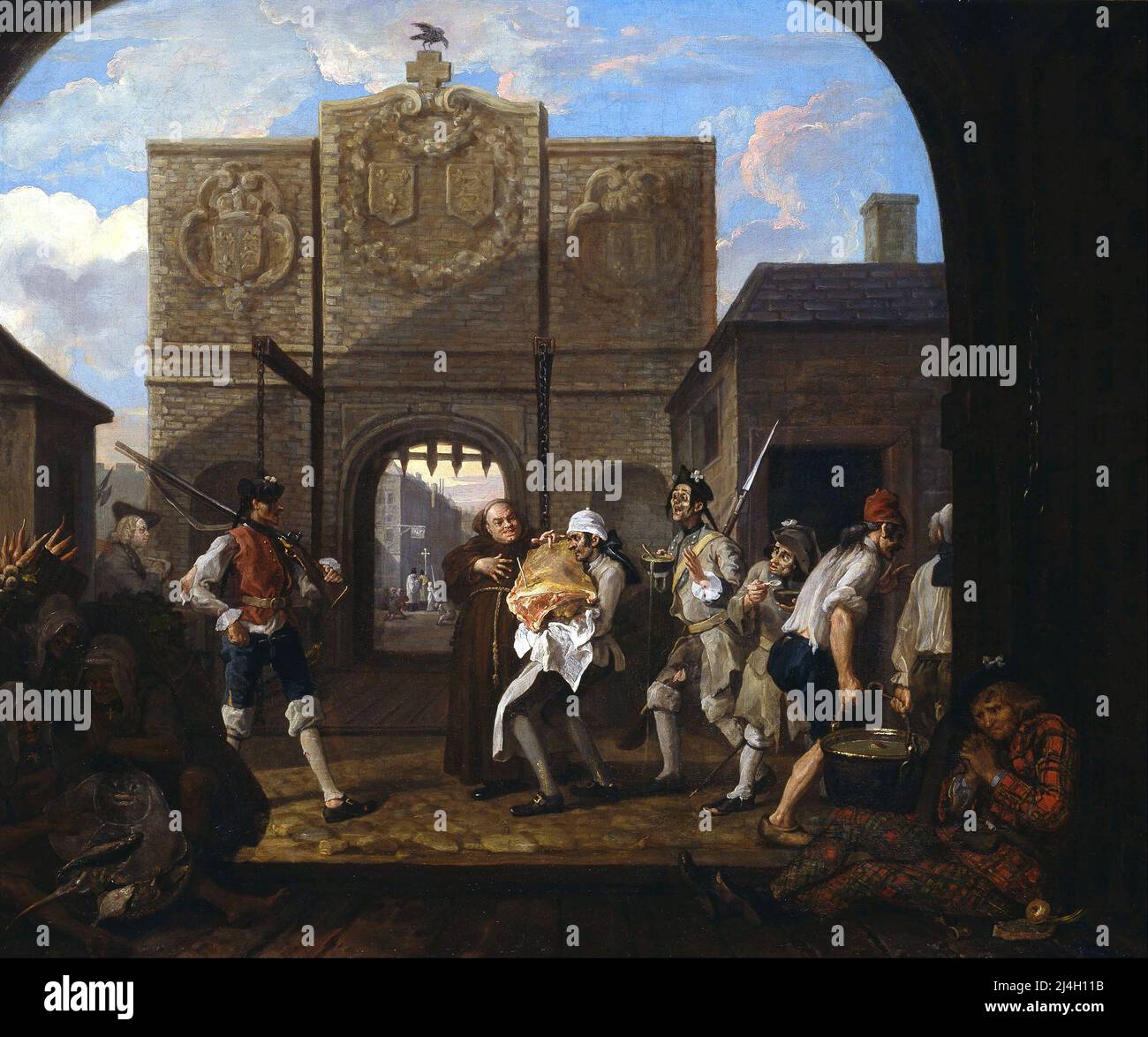 La Puerta de Calais (también conocida como, O la carne asada de la vieja Inglaterra), 1749, Pintura de William Hogarth Foto de stock