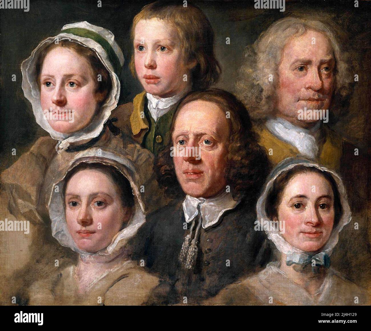 Jefes de seis de los siervos de Hogarth, Pintura de William Hogarth Foto de stock