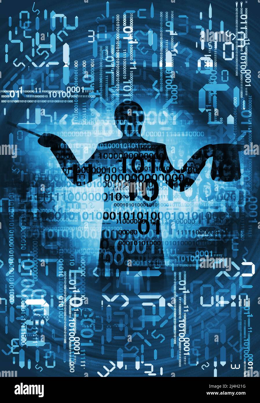 Experto en computación, matemático, mago. Ilustración de silueta masculina estilizada con sombrero y códigos binarios en el fondo con números digitales. Foto de stock