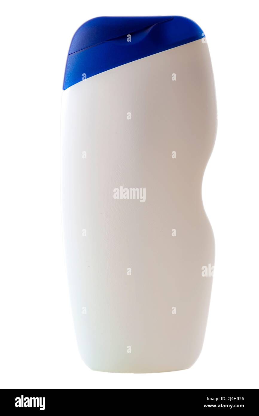 Productos de cuidado personal, limpieza y concepto de higiene con una botella de plástico blanca y azul con jabón o champú aislado sobre fondo blanco con un Foto de stock