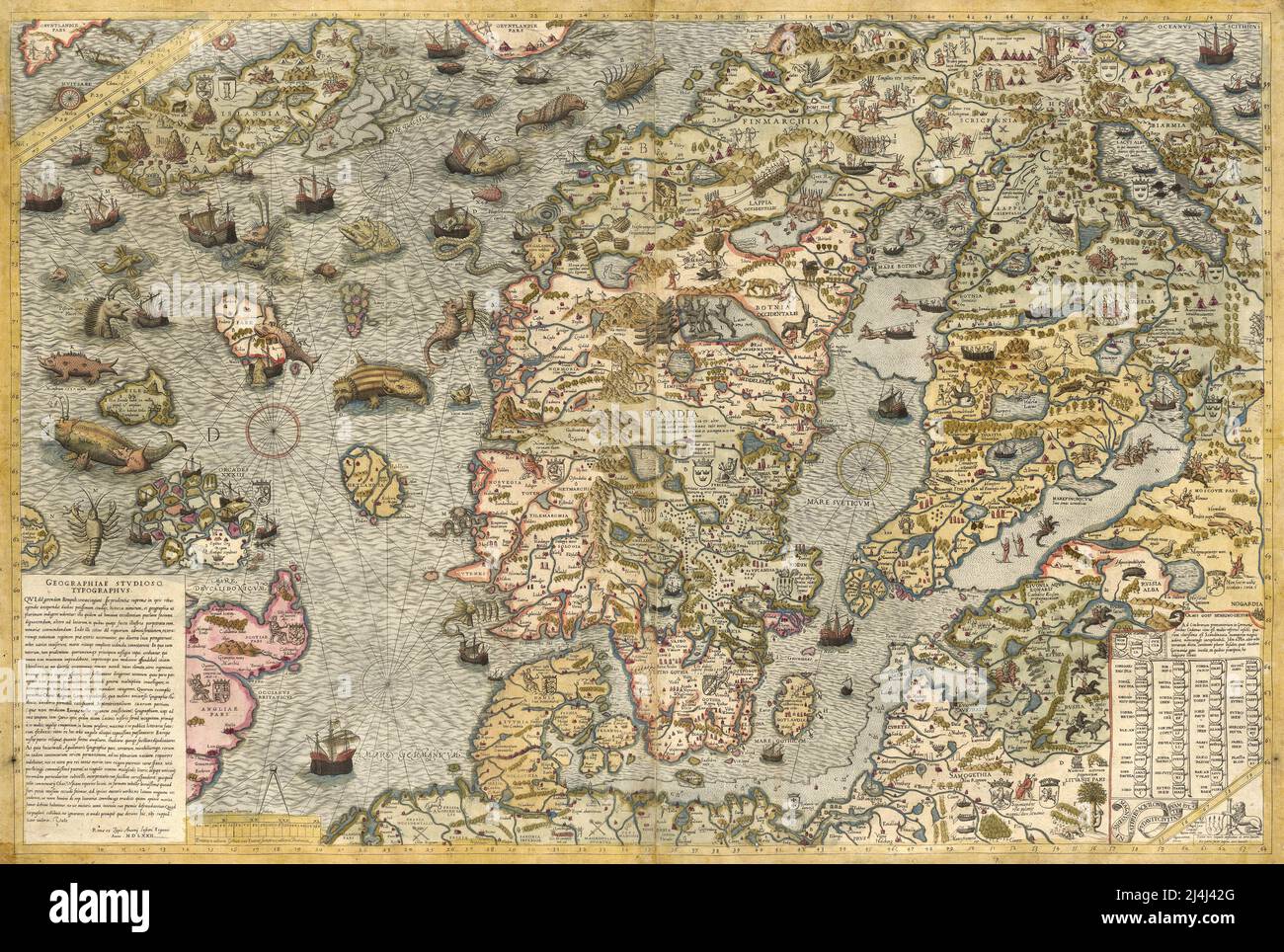 Mapa ilustrado del siglo XVI de la península escandinava por Olaus Magnus Foto de stock