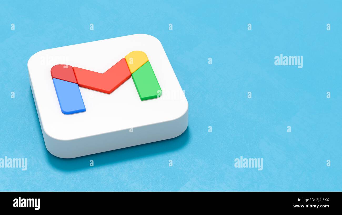 Icono de la aplicación Gmail sobre fondo azul con espacio de copia Foto de stock