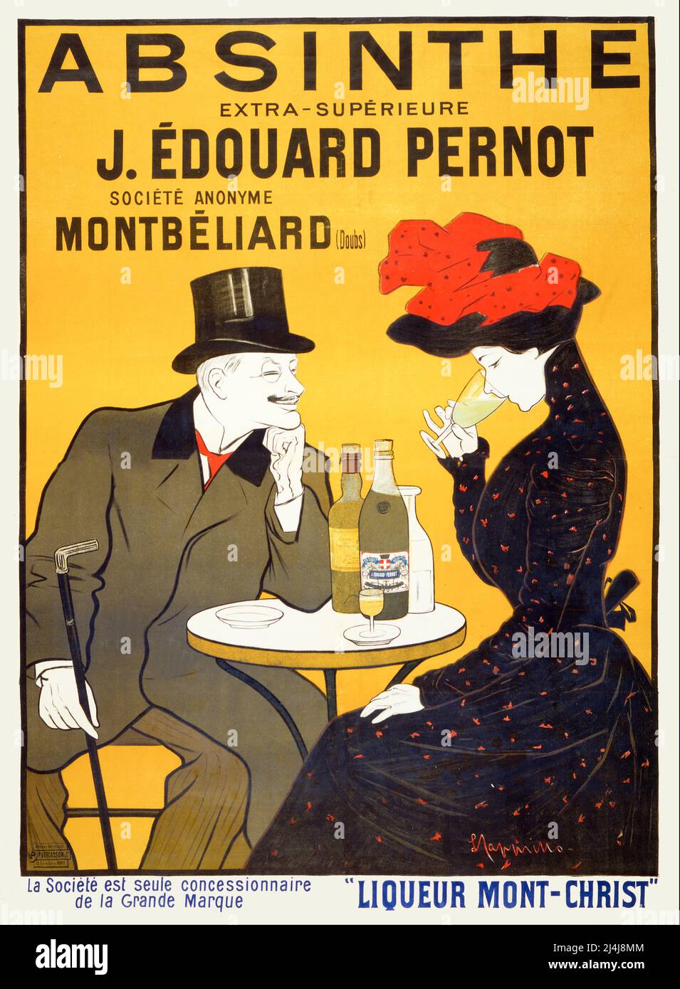 Un cartel publicitario francés de principios del siglo 20th que muestra a un hombre y a una mujer en un café, sonríe y mira mientras sabe su bebida. El artista es Leonetto Cappiello, (1875-1942) Foto de stock