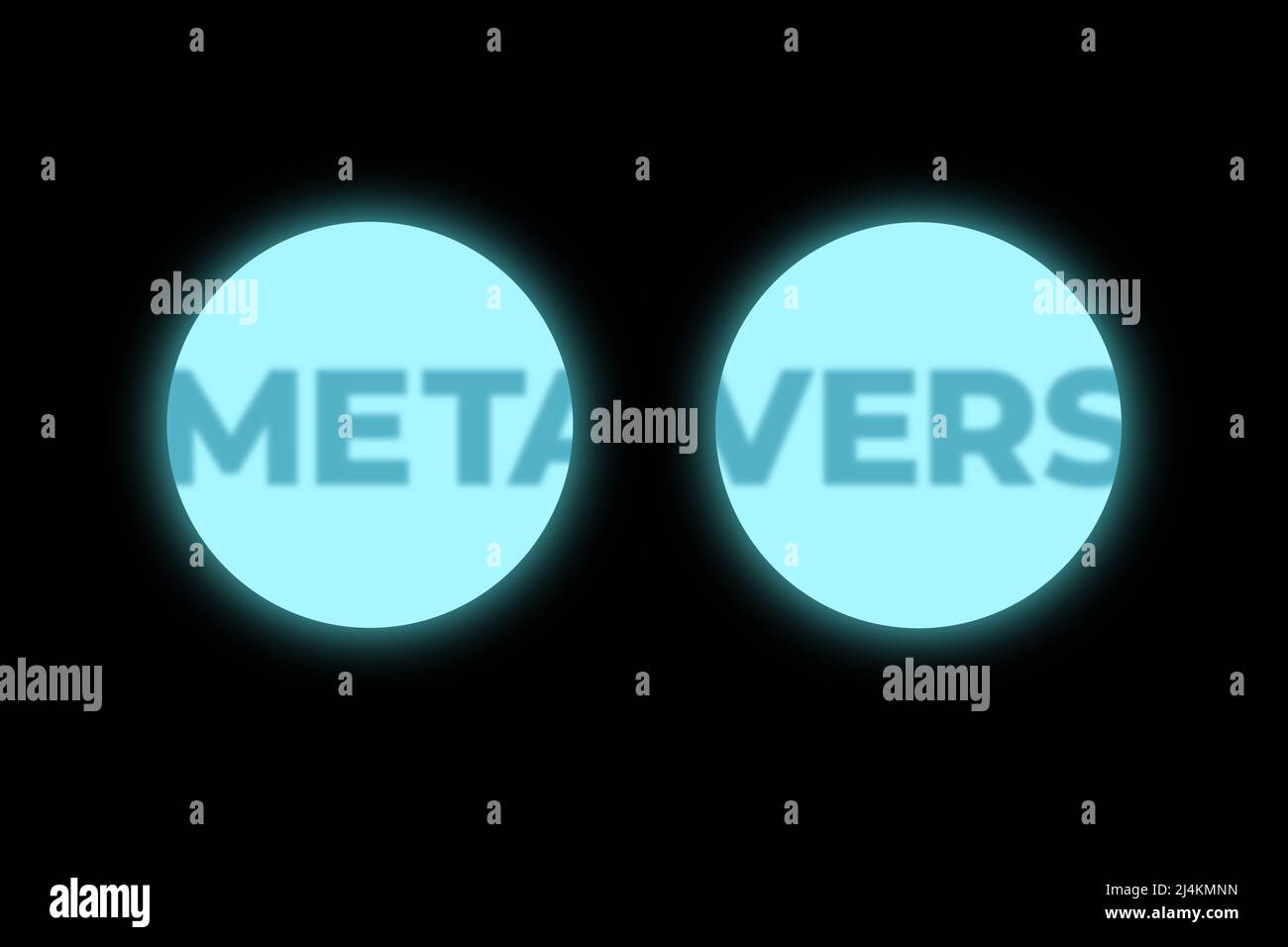 Metaverse. Auricular de realidad virtual ocular: Pantalla y pantalla brillantes con texto desenfocado. Ilustración. Foto de stock