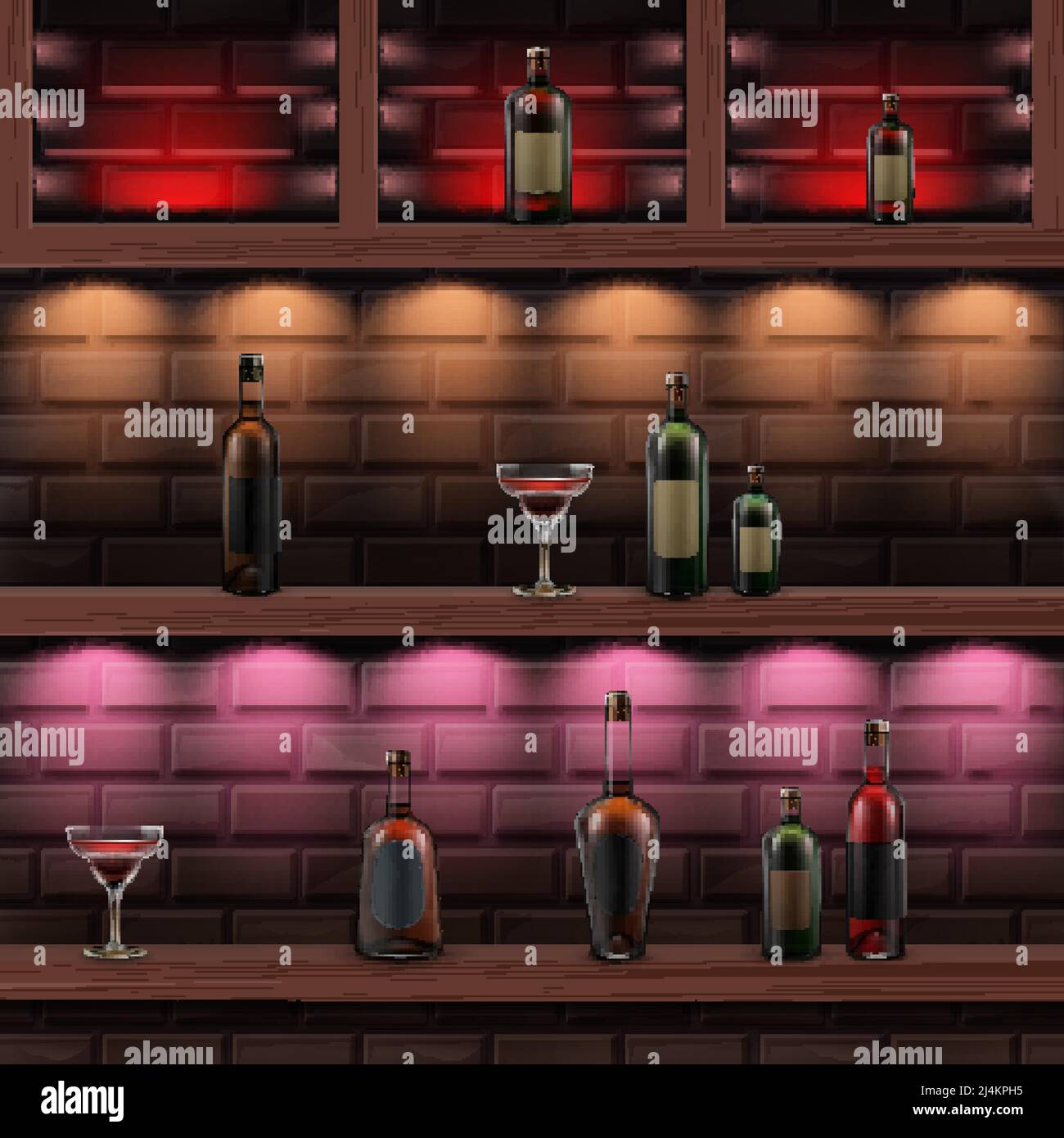 Estantes de madera marrón vectorial con retroiluminación roja, naranja, rosa y botellas de vidrio de alcohol aisladas en paredes de ladrillo oscuro Ilustración del Vector