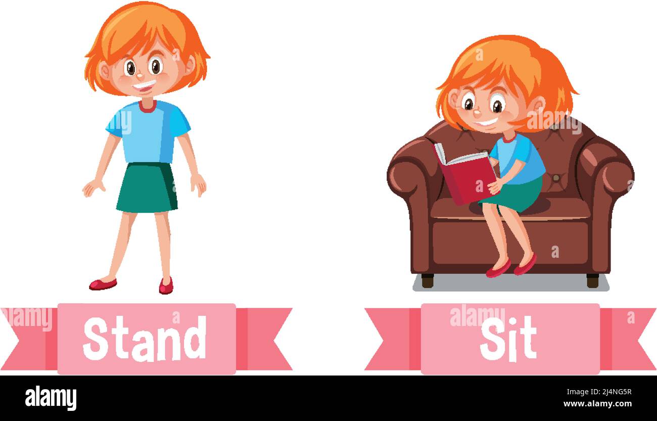 Las palabras en inglés opuestas se ponen de pie y se sientan