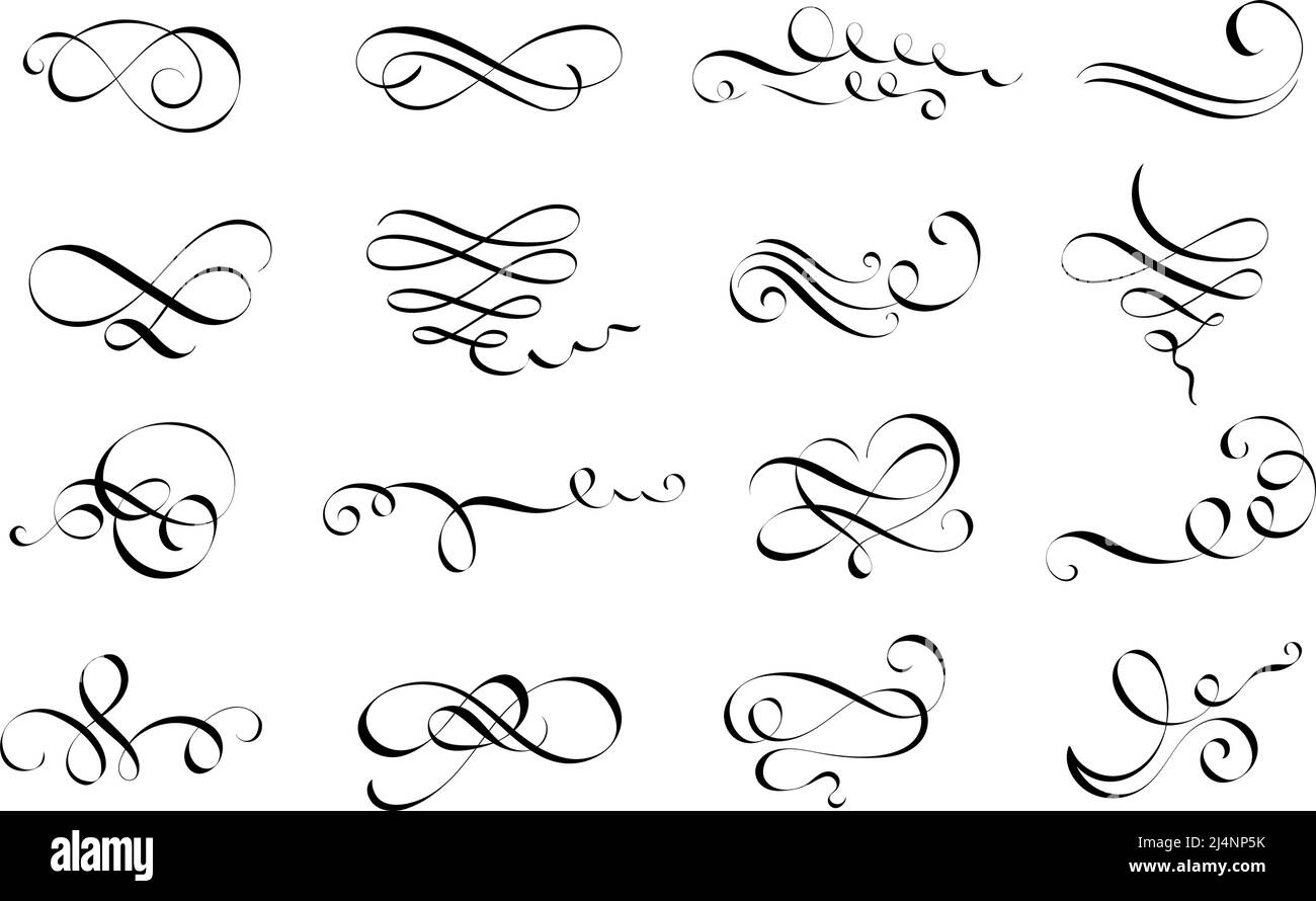 La caligrafía florece. Juego de vectores de líneas caligráficas, adornos de  letras de plumas puntiagudas y espiral de letras Imagen Vector de stock -  Alamy