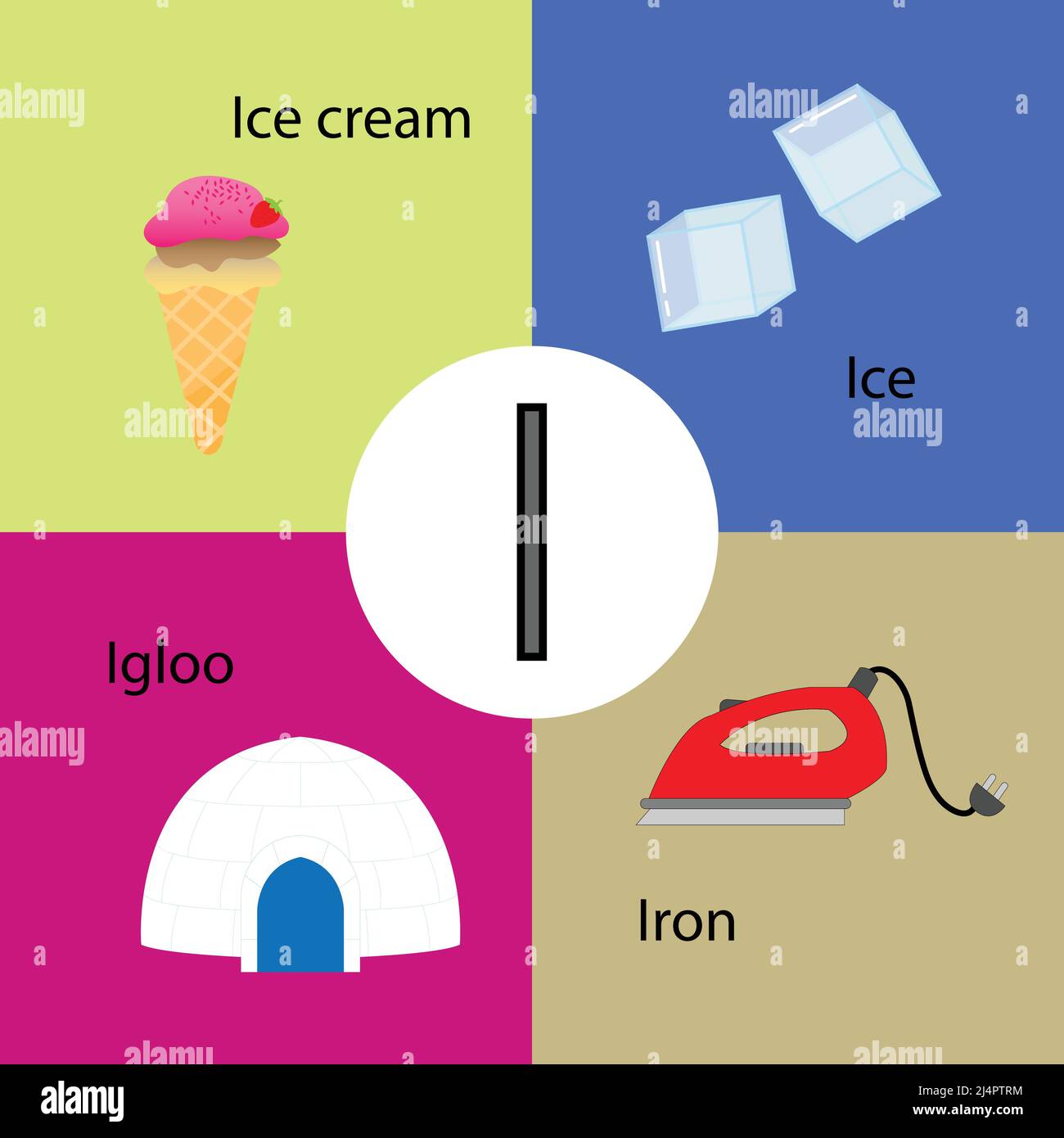Vector ilustración de dibujos animados aislados de letra del alfabeto  inglés I con imagen de helado, hielo, iglú y hierro Imagen Vector de stock  - Alamy