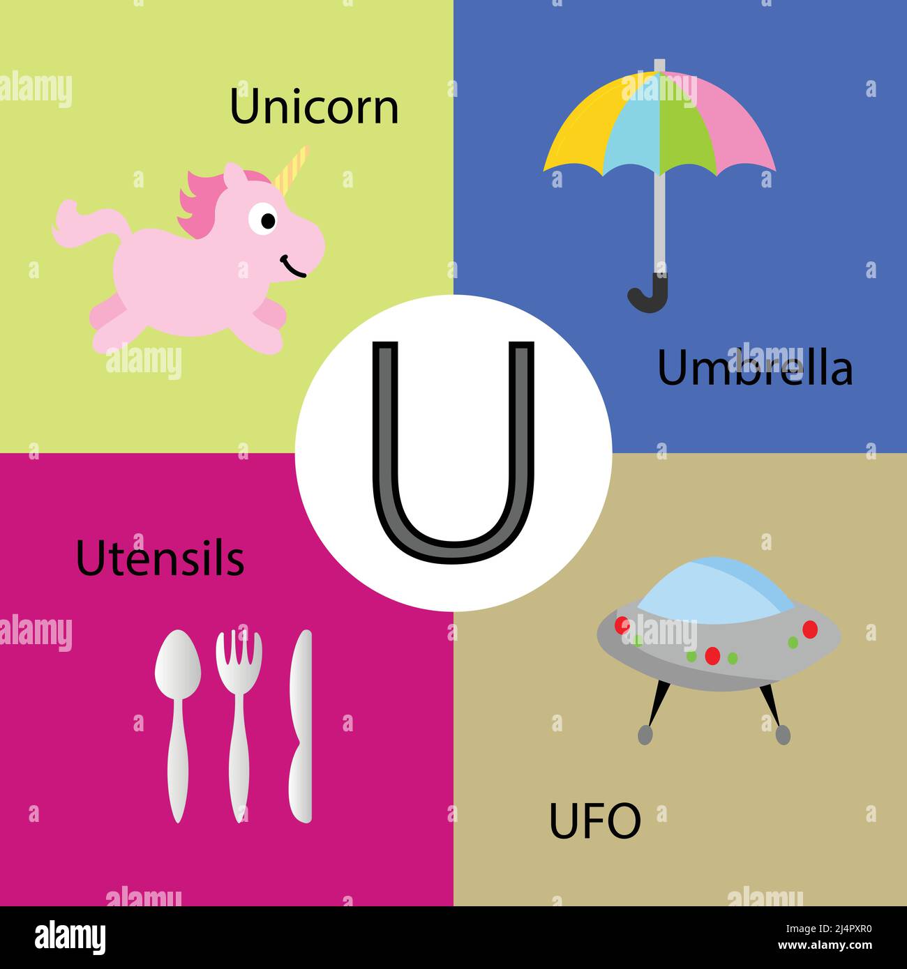 Vector ilustración de dibujos animados aislados de letra U del alfabeto  inglés con imagen de unicornio, paraguas, OVNI y utensilios Imagen Vector  de stock - Alamy