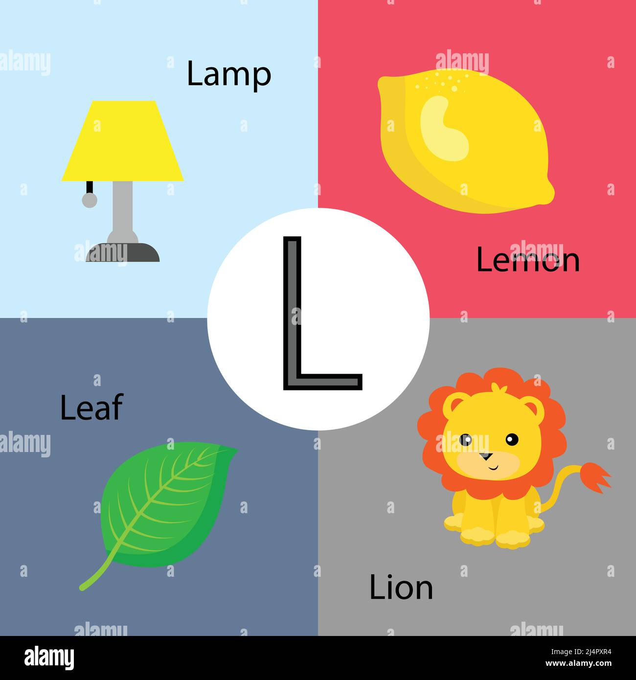 Vector ilustración de dibujos animados aislados de letra L del alfabeto  inglés con imagen de lámpara, hoja, limón y león Imagen Vector de stock -  Alamy
