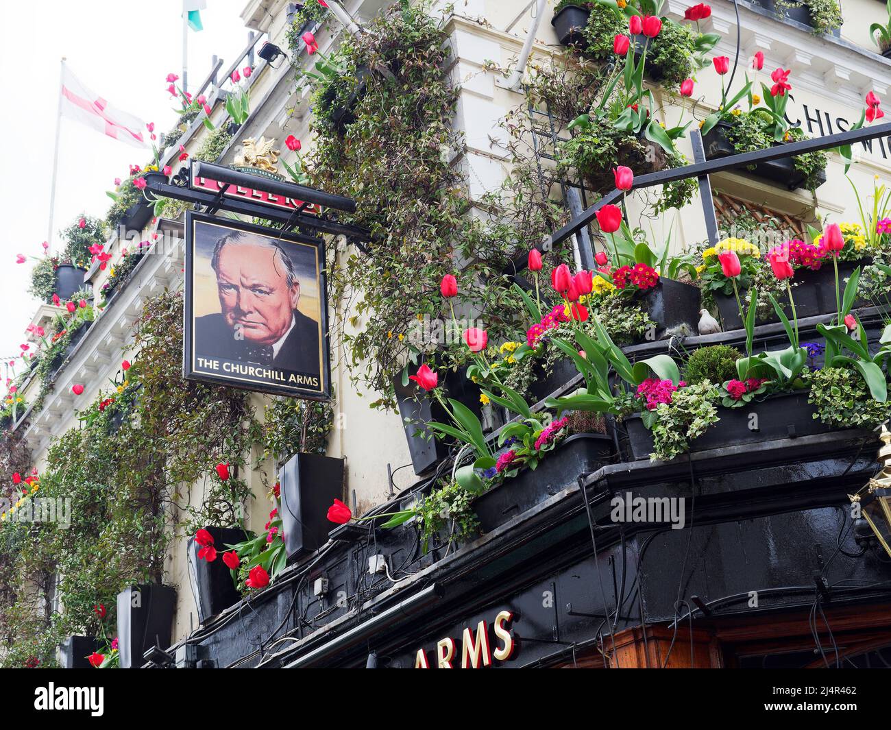 Vista de los Churchill Arms en Notting Hill debido a sus exhibiciones florales es a menudo conocido como el pub más colorido de Londres Foto de stock