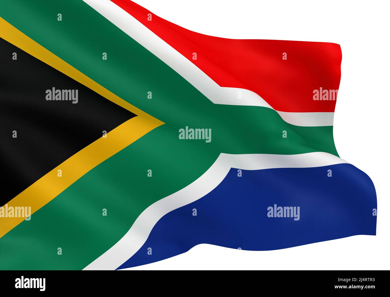 Ondeando la bandera sudafricana aislada sobre fondo blanco Foto de stock
