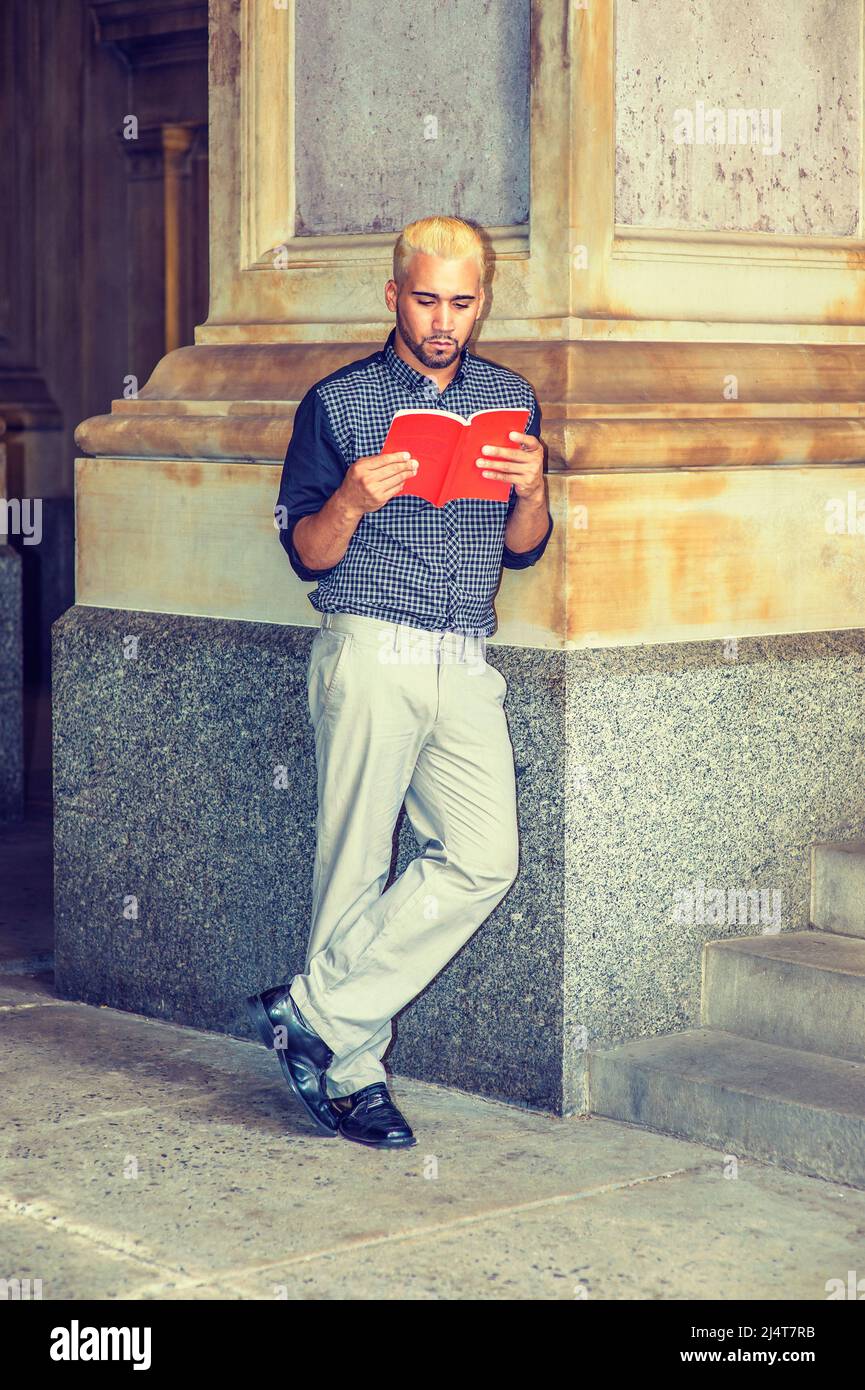 Hombre joven leyendo afuera. Llevar una camisa con patrón negro, pantalones  grises, zapatos de cuero, manos sosteniendo un libro rojo, un chico joven  con barba, cabello amarillo Fotografía de stock - Alamy