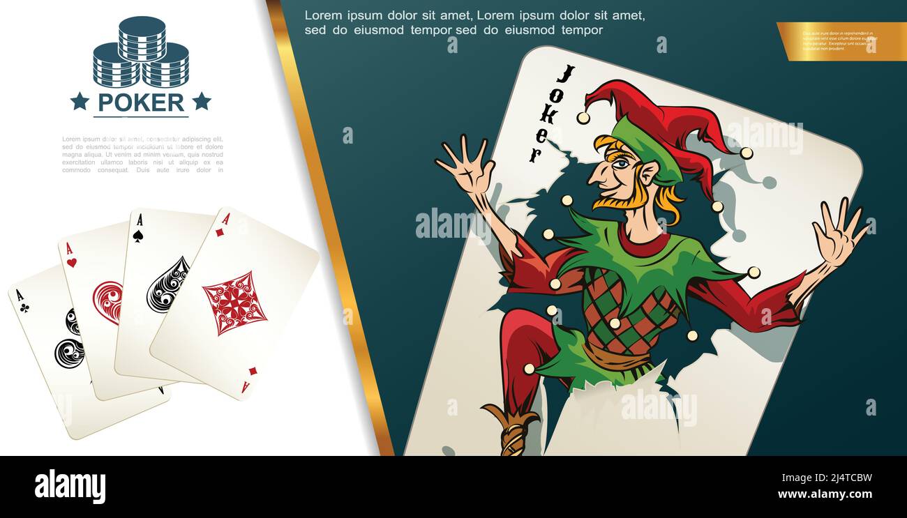 Composición de colores de póquer realista con ases de bromista de corazones  de espadas clubes y diamantes jugando a las cartas ilustración vectorial  Imagen Vector de stock - Alamy