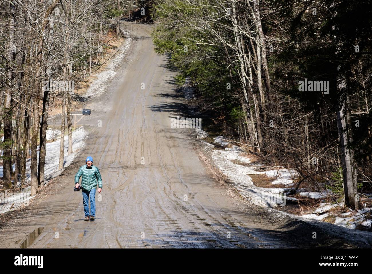 Andador solitario en la temporada de barro, el descenso de los caminos de tierra de Vermont en pantanos de barro, sucede cada primavera, normalmente en marzo y abril. Estado de Vermont, EE.UU. Foto de stock