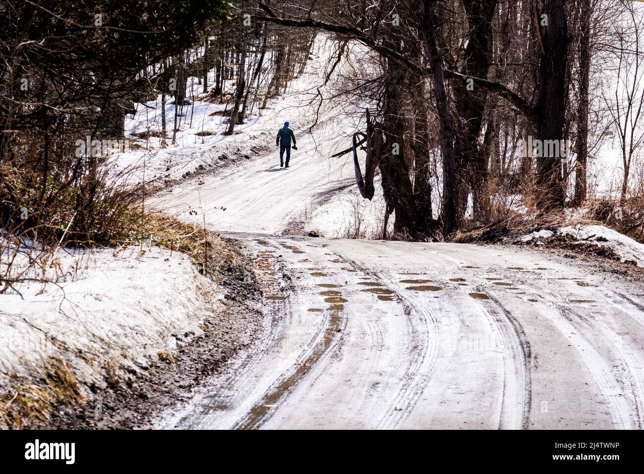 Andador solitario en la temporada de barro, el descenso de los caminos de tierra de Vermont en pantanos de barro, sucede cada primavera, normalmente en marzo y abril. Estado de Vermont, EE.UU. Foto de stock