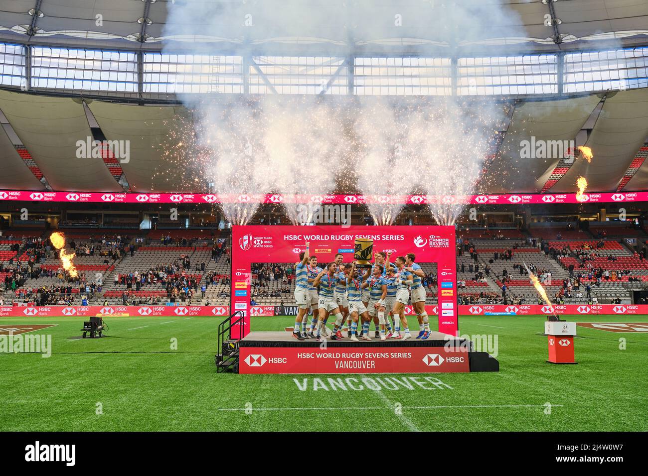 Vancouver, Canadá. 8th de marzo de 2020. Argentina celebra después de derrotar a Fiyi en la final de la Serie Mundial de Rugby Sevens de HSBC durante el Día 2 - 2022 HSBC Wor Foto de stock