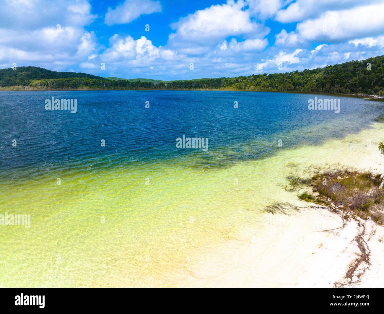 El lago Birabeen ofrece a los turistas agua cristalina y arena blanca suave en Fraser Island, Queensland, Australia Foto de stock