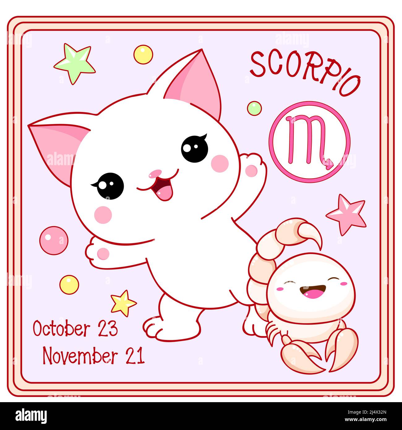 Signo de Escorpio Zodiac en estilo kawaii. Tarjeta cuadrada con un lindo  gatito blanco y símbolo del zodiaco, fecha de nacimiento. Dibujos animados  gato bebé y Zodiaca Imagen Vector de stock -