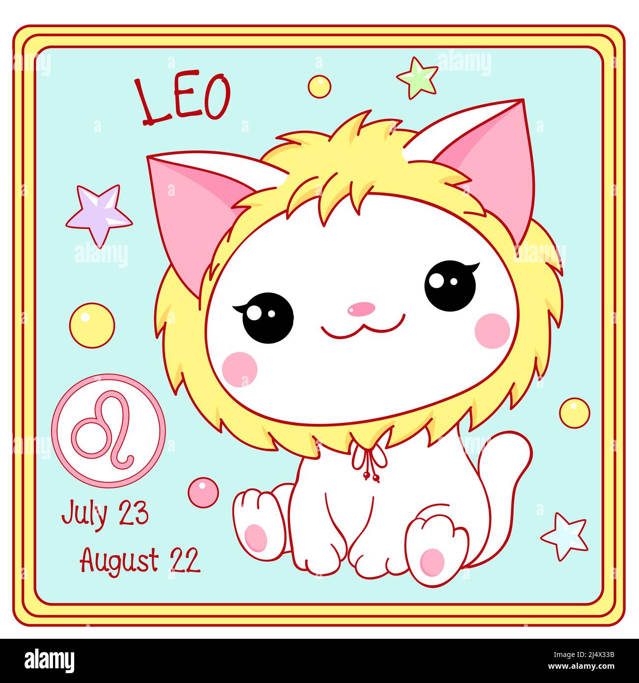 Zodiac Leo signo carácter en el estilo kawaii. Tarjeta cuadrada con un  lindo gatito blanco y símbolo del zodiaco, fecha de nacimiento. Dibujos  animados gato y Zodiacal Ca Imagen Vector de stock -