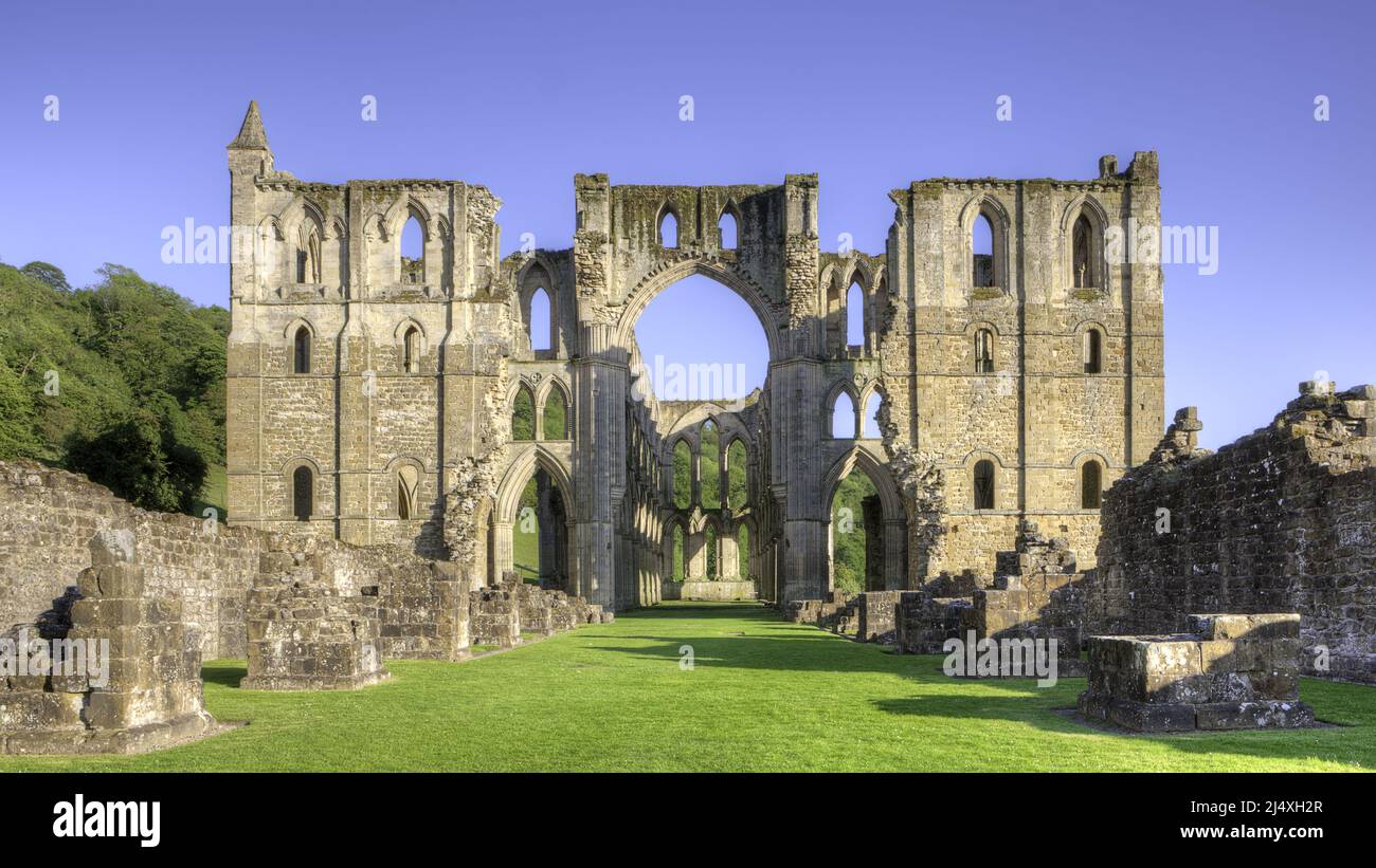 Vea a lo largo del Nave hasta el Presbiterio, transeptos Norte y Sur y el Cruce de Monjes hasta el Altar de la Abadía cisterciense de Rievaulx en ruinas Foto de stock