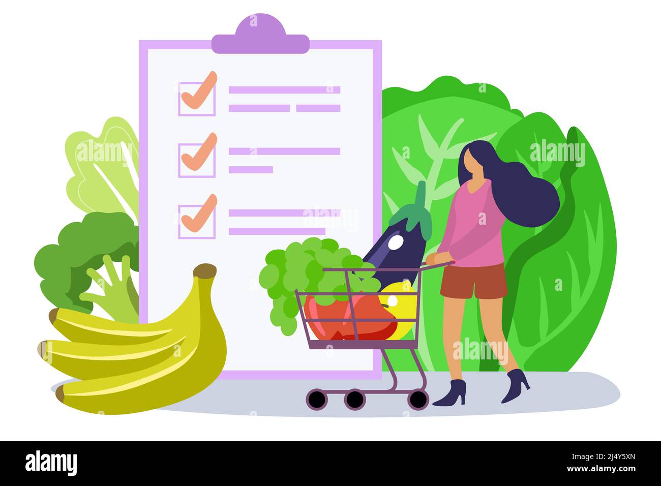 Mujer que elige la lista de alimentos saludables concepto de vector plano ilustración completa carrito de la compra y la persona plana diminuta comer comidas equilibradas con vitaminas verdes, Ilustración del Vector