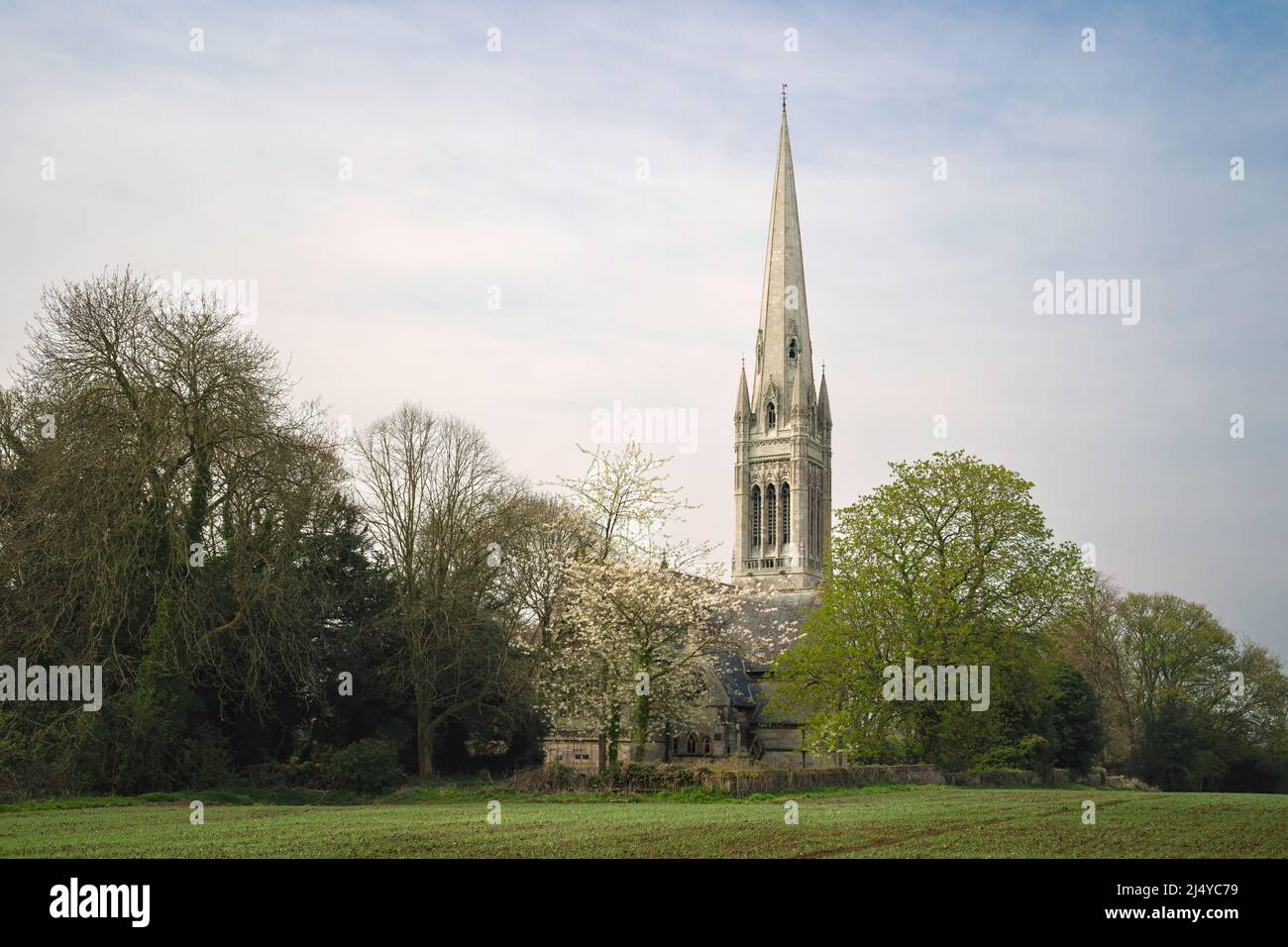 Iglesia de Santa María flanqueada por árboles, algunos con flor de primavera, y el campo bajo cielo azul brillante en una buena mañana en South Dalton, Beverley, Reino Unido. Foto de stock