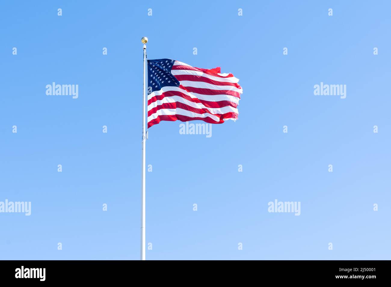 Bandera americana ondeando en el viento contra el cielo azul Foto de stock