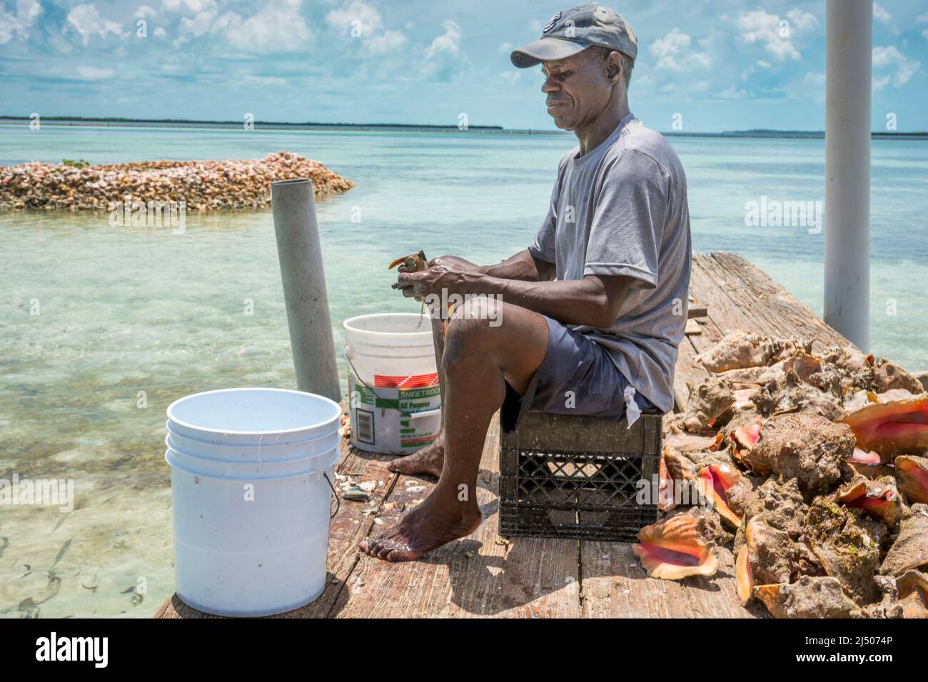 Un pescador viste a la concha en el restaurante nativo de mariscos bahameses en la orilla en Bimini en las Bahamas. Foto de stock