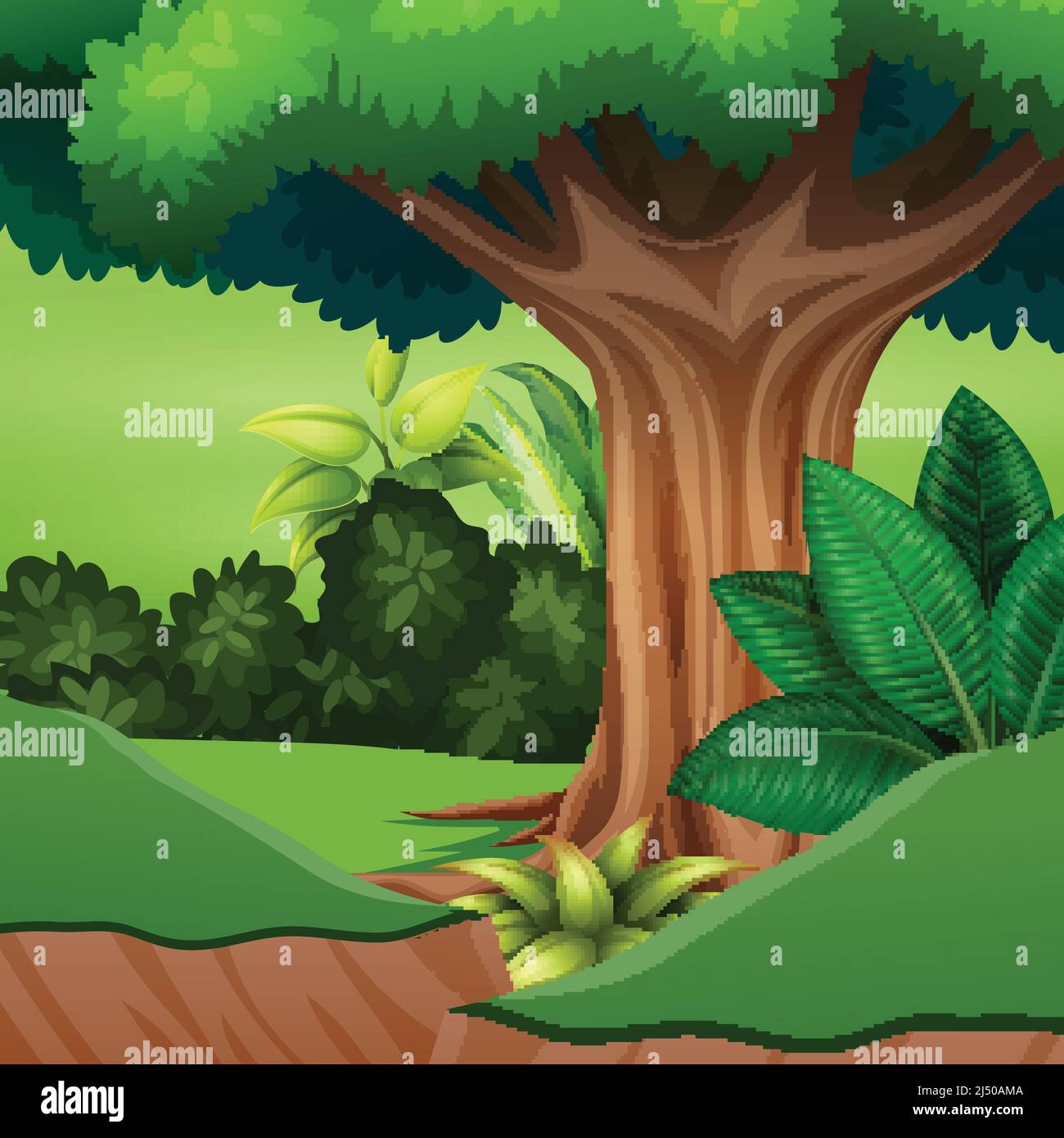 Dibujos Animados De Un Gran árbol En El Bosque Imagen Vector De Stock Alamy