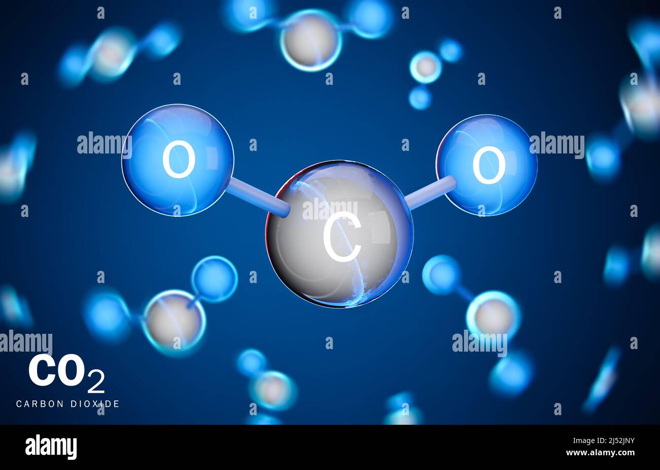3D Modelo de molécula de dióxido de carbono (CO2). Dos átomos de oxígeno y un átomo de carbono. 3D renderizado. Foto de stock