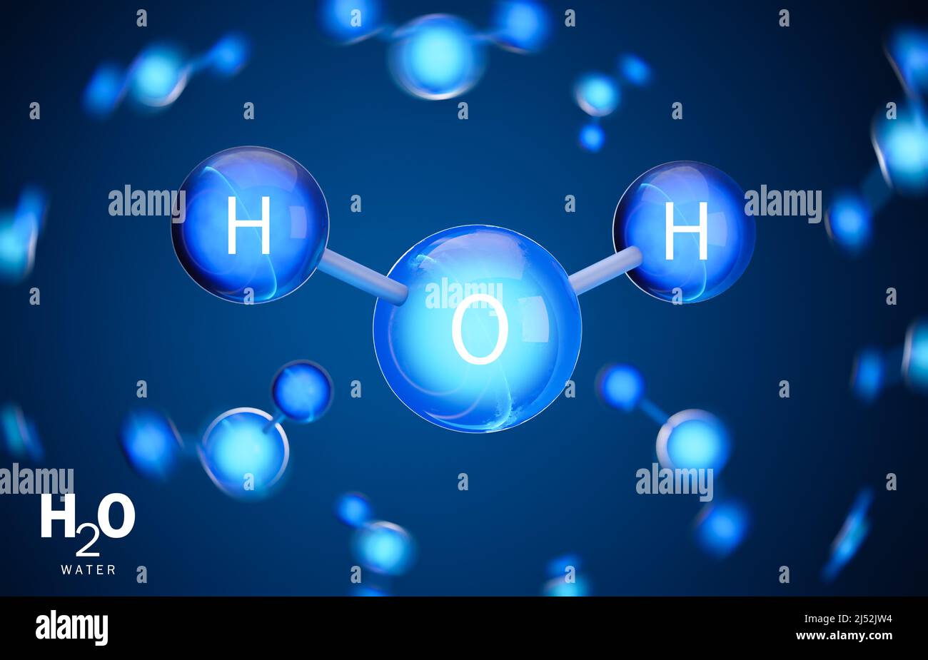 3D modelo de molécula de agua (H2O). Dos átomos de hidrógeno y un átomo de oxígeno. 3D renderizado. Foto de stock
